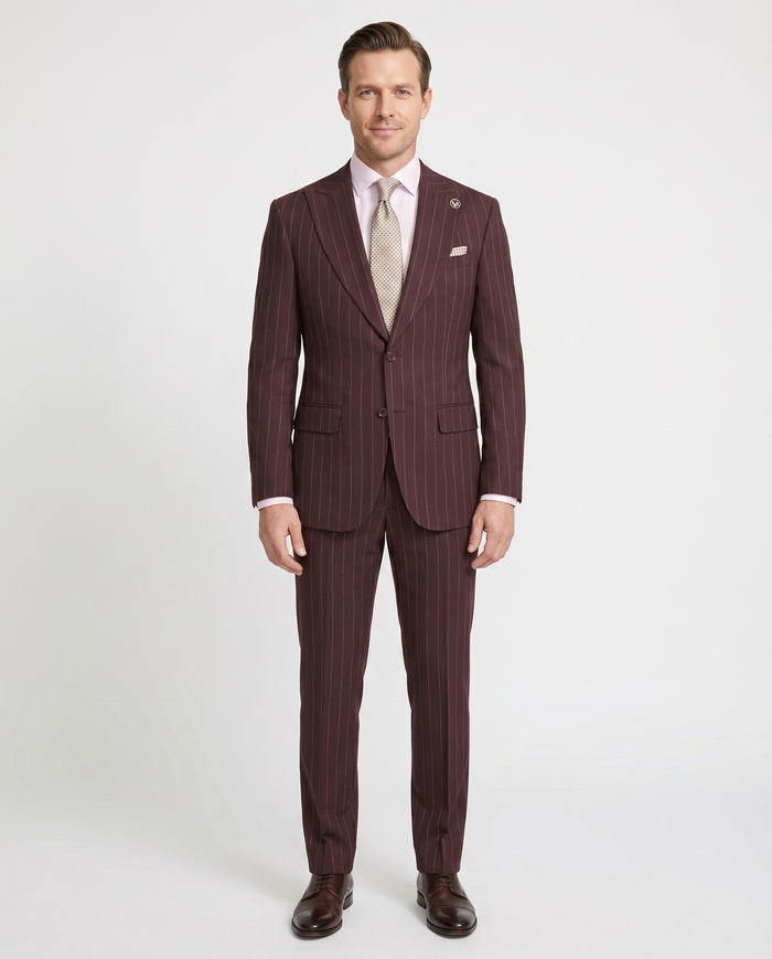 Romaster Men’s Burgundy Pinstripe Slim Fit Peak Lapels Stretch Wool Blend Suit