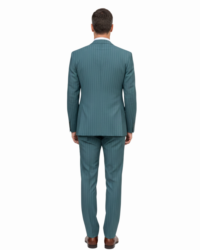 Romaster Men’s Green Pinstripe Slim Fit Peak Lapels Stretch Wool Blend Suit - The Suit Depot