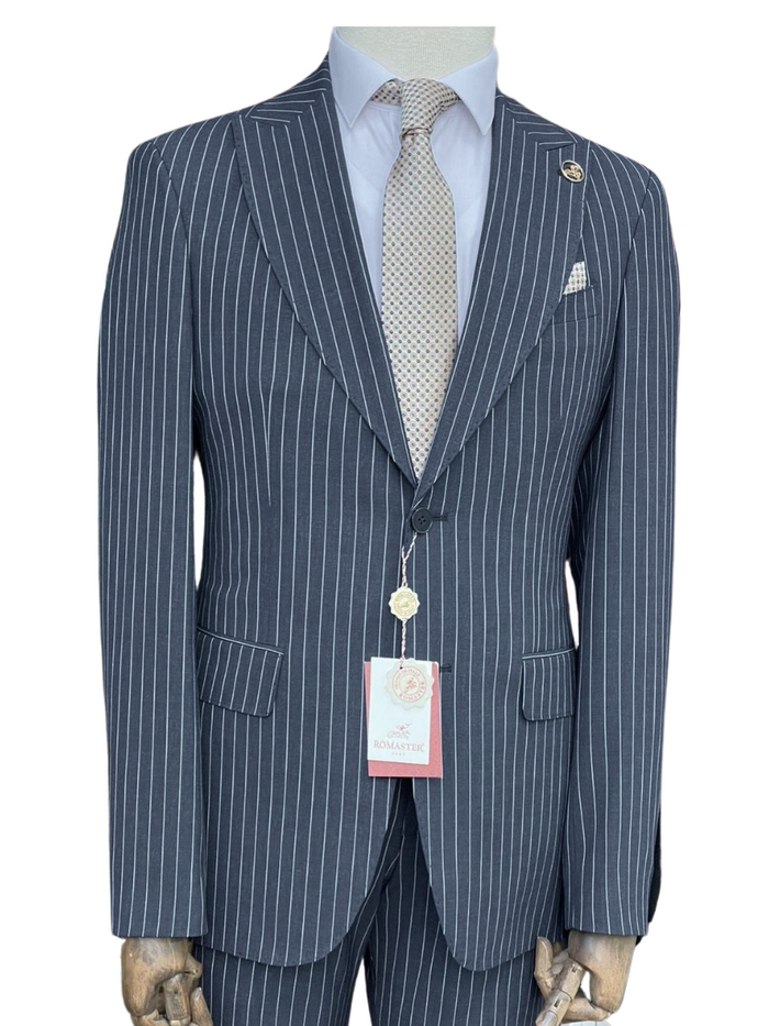 Romaster Men’s Navy Pinstripe Slim Fit Peak Lapels Stretch Wool Blend Suit