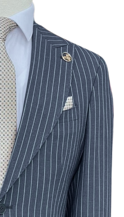 Romaster Men’s Navy Pinstripe Slim Fit Peak Lapels Stretch Wool Blend Suit