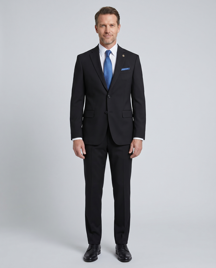 Romaster Mens Solid Black Notch Lapel Slim Fit Stretch Wool Blend suit