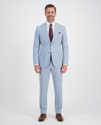 Romaster Men’s Solid Light Blue Slim Fit Peak Lapels Stretch Wool Suit