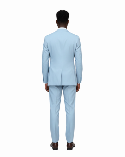 Romaster Men’s Solid Light Blue Slim Fit Peak Lapels Stretch Wool Suit