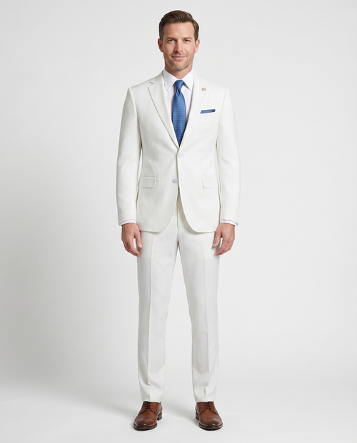 Romaster Mens Solid White Notch Lapel Slim Fit Stretch Wool Blend suit
