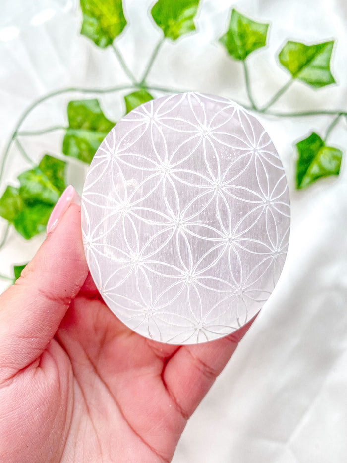 Satin Spar Selenite Palmstone Engraved Intuitively Pick (Random)
