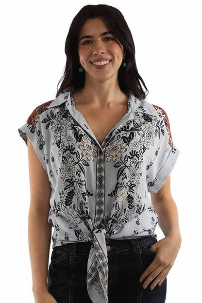 Scully Women's Short Sleeve Tie Front Blouse in Blue