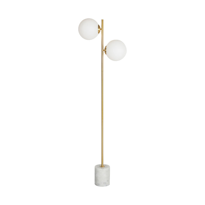 The Severina Metal Floor Lamp 158cm features a gold pole, two white globe bulbs, and a cylindrical white marble base—an elegant piece to complement your chandeliers and table lamps.