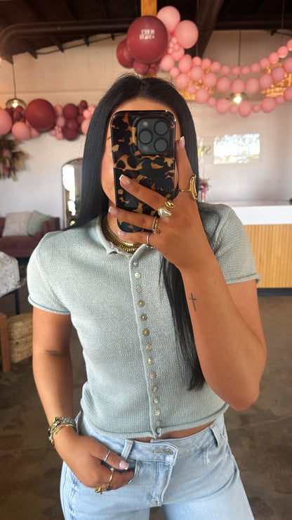 Short Sleeve Knitted Button-Up- Dusty Mint