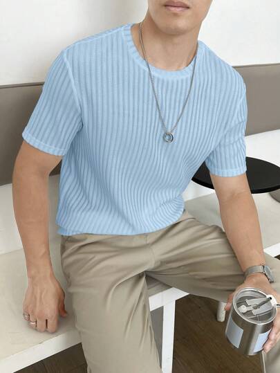 SKY BLUE MEN SOLID RIBBED KNIT TEE