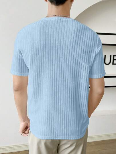 SKY BLUE MEN SOLID RIBBED KNIT TEE