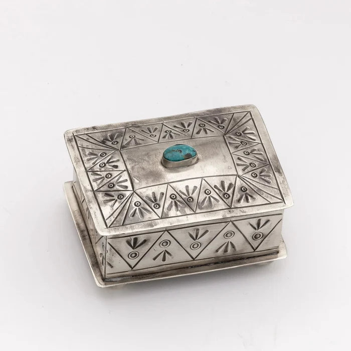 Small Stamped Box With Turquoise Stone By J. Alexander Rustic Silver