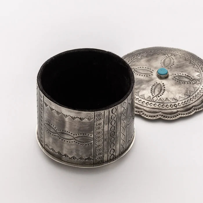 Small Stamped Round Box with Turquoise Stone by J. Alexander Rustic Silver
