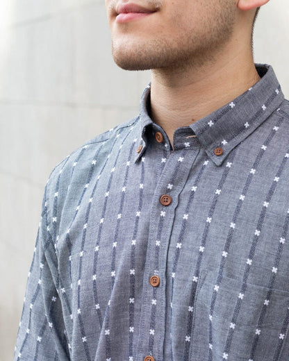 ToK Shirt, Long Sleeve Button-Up, Grey with White 'X' Stitching