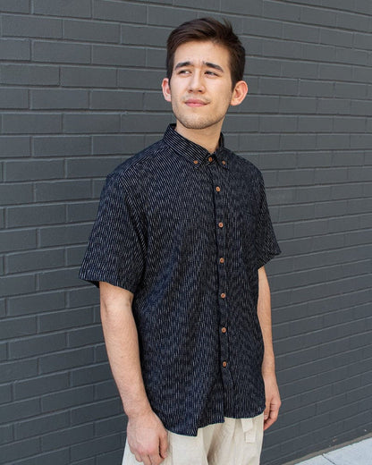 ToK Shirt, Short Sleeve Button-Up, Chijimi, Black Faded Shima