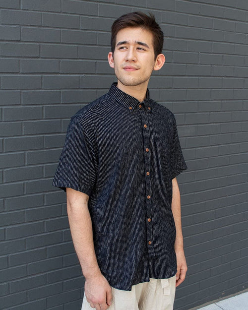 ToK Shirt, Short Sleeve Button-Up, Chijimi, Black Faded Shima