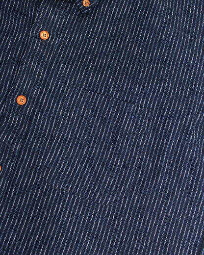 ToK Shirt, Short Sleeve Button-Up, Chijimi, Indigo with Faded Shima