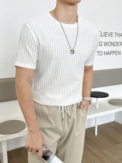 WHITE MEN SOLID RIBBED KNIT TEE
