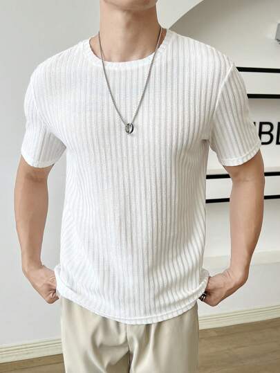WHITE MEN SOLID RIBBED KNIT TEE