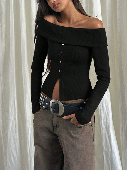 WOMEN CASUAL OPEN SHOULDER LONG SLEEVE SPLIT HEM BLOUSE
