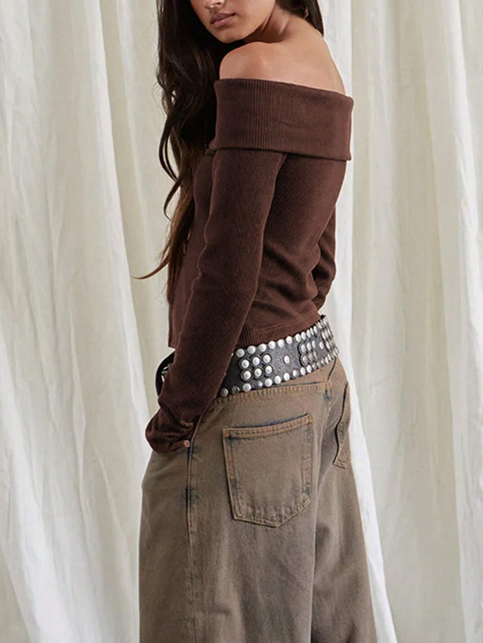 WOMEN CASUAL OPEN SHOULDER LONG SLEEVE SPLIT HEM BLOUSE