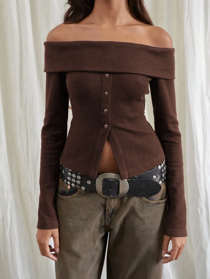 WOMEN CASUAL OPEN SHOULDER LONG SLEEVE SPLIT HEM BLOUSE