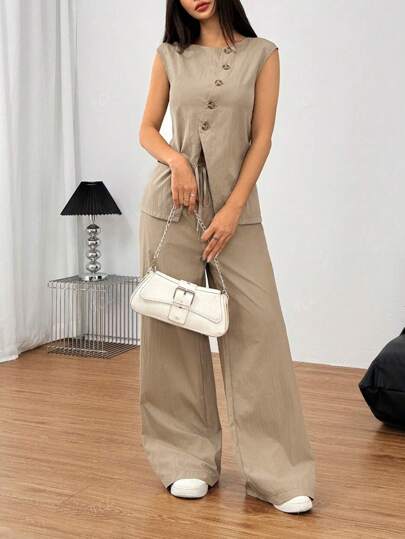Women's 2pcs Set Sleeveless Top & Wide Leg Pant