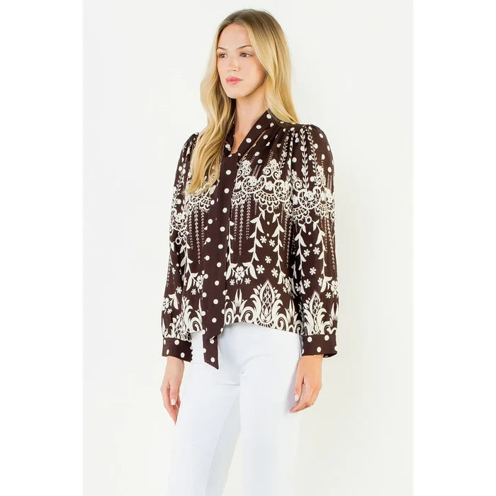 Women's Long Sleeve Patterned Top in Brown