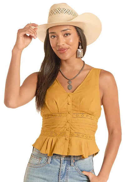 Women's Rock & Roll Denim Eyelet Inset Tank Top in Gold