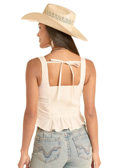 Women's Rock & Roll Denim Eyelet Inset Tank Top in Natural
