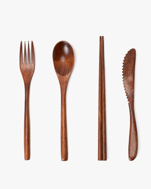 Wooden Utensils, Chopsticks, Spoon, Fork and Knife Set of 4, With Case